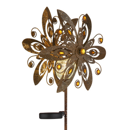 Solárne svietidlo, kov imitácia hrdze, číra sklenená guľa, žlté sklenené kryštály, posuvný spínač, b 7