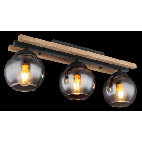 Stropné svietidlo, čierny matný kov, tmavohnedé drevo, sklo dymovej farby, DxŠxV: 600x150x205mm, bez 2