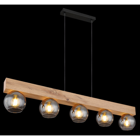 Závesné svietidlo kov čierny matný, MDF imitácia dreva, sklo dymové, číre, textilný kábel čierny, vý 10