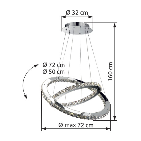 Závesné svietidlo, kov, chróm, K9 krištále priehľadné, nastaviteľné, Ø 720, V:1600, vrátane 1xLED 56 4