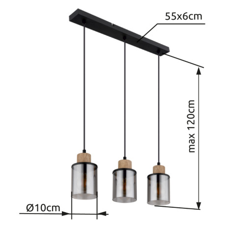 Závesné svietidlo kov čierny matný, drevo tmavohnedé, sklo dymovej farby, kábel PVC čierny, možnosť 10