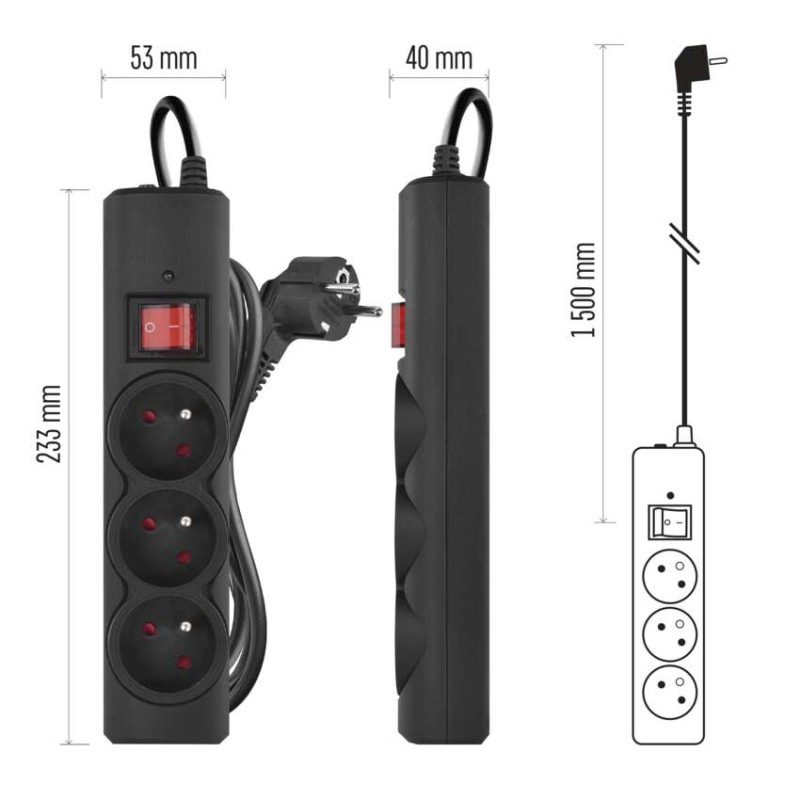Prepäťová ochrana – 3 zásuvky, 1,5 m, čierna 10