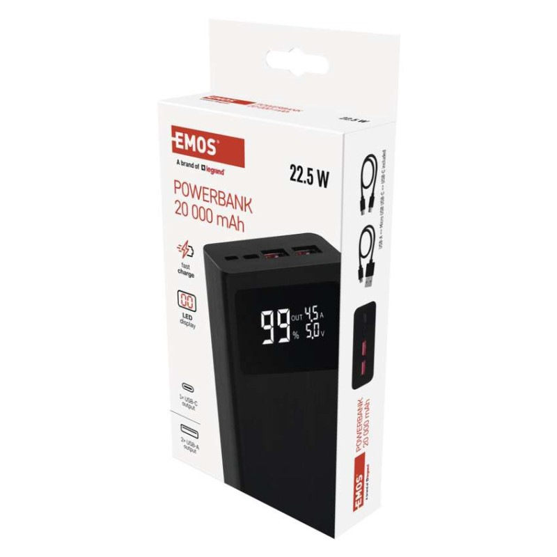 Power bank EMOS BetaQ 20, 20 000 mAh, 22,5 W, čierny 2