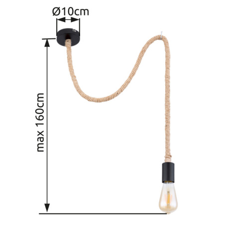 Závesné svietidlo, kov čierny, lano hnedé, Ø100, V:1600, bez žiarovky 1xE27, max. 60W 230V 8