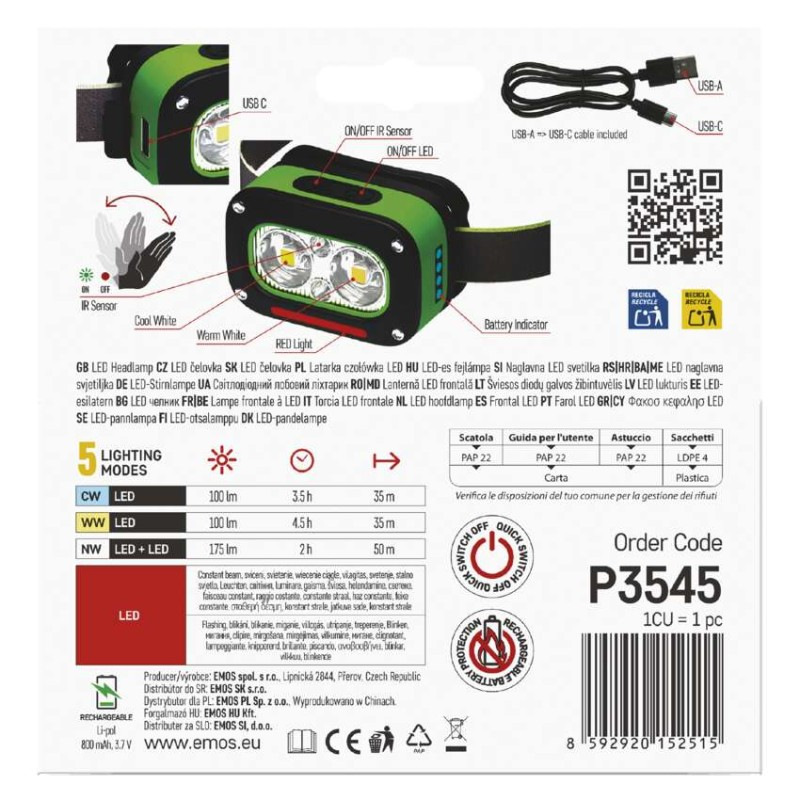 LED nabíjacia čelovka P3545, 175 lm, Li-Pol 800 mAh 4