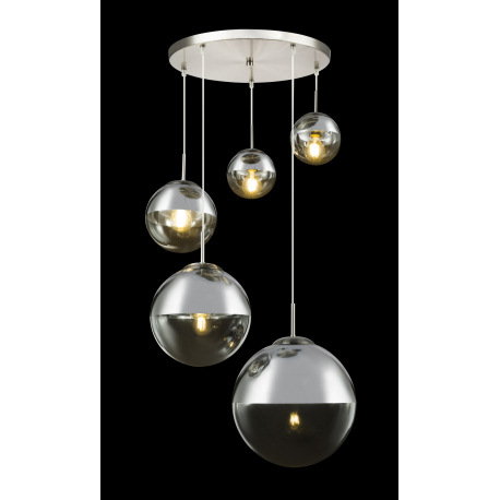 Závesné svietidlo, kov nikel matný, sklo priehľadné chróm, 5 gúľ s priemerom: 2x15-20-25-33 cm, Ø650 11