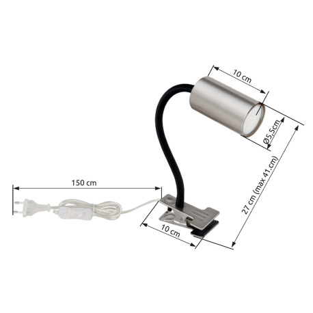 Nástenné svietidlo, štipcové, kov nikel, plast čierny, PVC kábel transparentný, s vypínačom na kábli 4