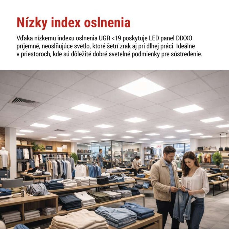 LED panel DIXXO backlit 60×60, štvorcový vstavaný biely, 36W neutrálna b. UGR 6