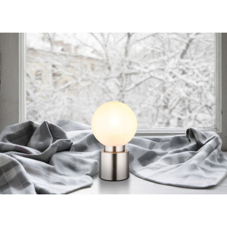 Stolová lampa, nikel, sklo biele, satinované, kolískový vypínač na kábli, ø:150mm, V: 245mm, dĺžka k 1