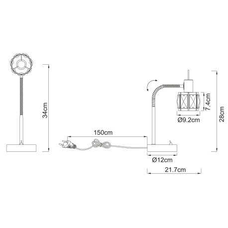 Stolová lampa, kov nikel matný, chróm, sklenený kryštál priehľadný, Flexo, vypínač, DxxV:220x34, bez 9
