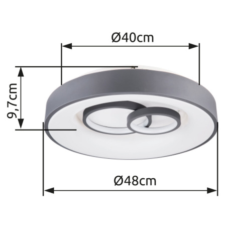 Stropné svietidlo, kov, akryl sivý a biely, pamäťová funkcia, nočné svetlo, stmievateľné, diaľkové o 20