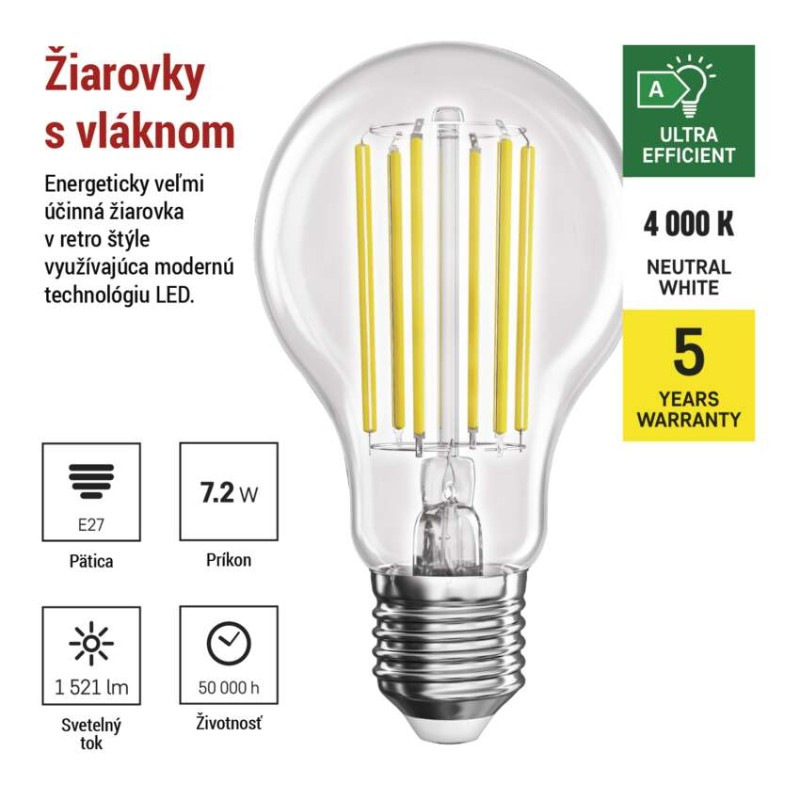 LED žiarovka Filament A60 A CLASS / E27 / 7,2 W (100 W) / 1521 lm / neutrálna biela 2