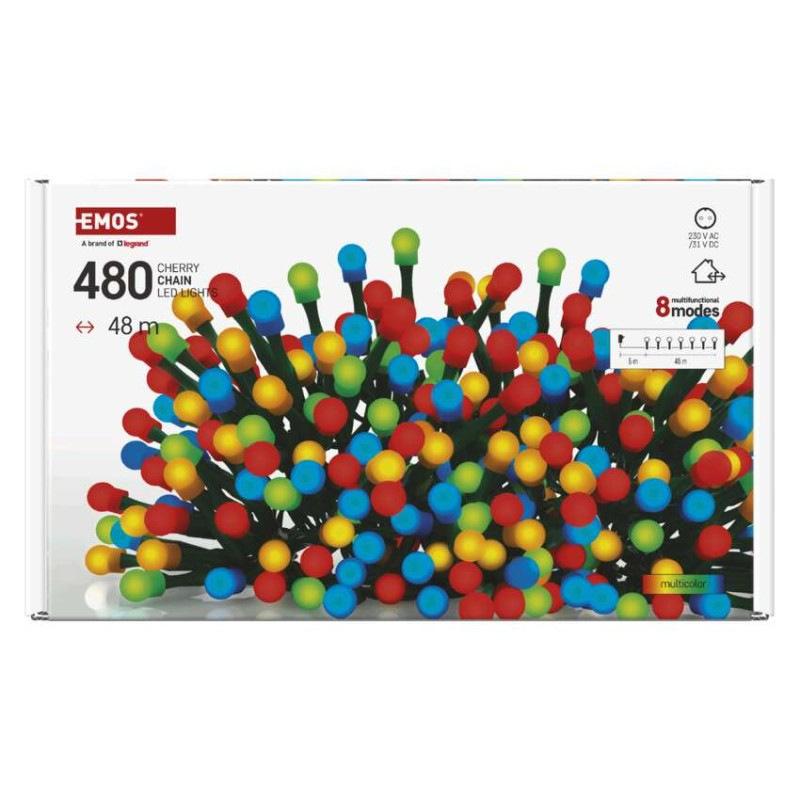 LED vianočná cherry reťaz – guličky, 48 m, vonk. aj vnútor., multicolor, programy, časovač 9