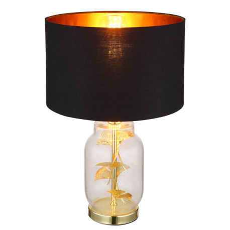 Stolové svietidlo, mosadzný kov, sklo priehľadné, čierny textil, plast zlatej farby, čierny PVC kábe