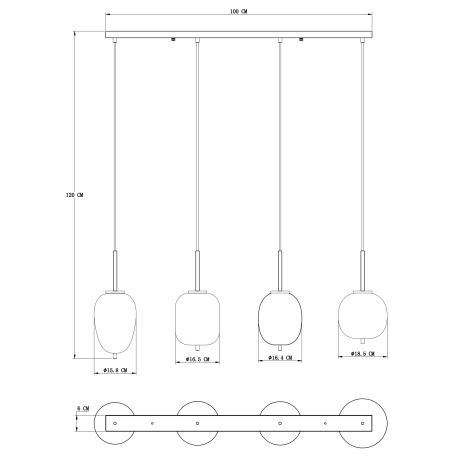 Závesné svietidlo, čierny kov, dymové sklo, 4 rôzne tvary skla, DxŠxV: 1000x185x1200, bez žiaroviek 5