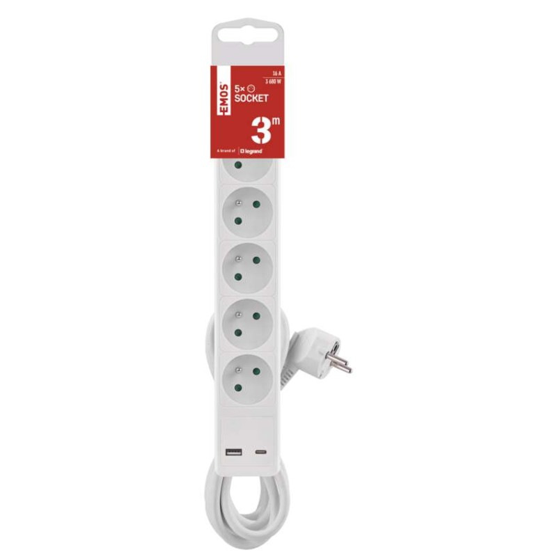 Predlžovací kábel 3 m / 5 zásuvky / s vypínačom / biely / 1×USB-A + 1×USB-C / 1,5 mm2 1