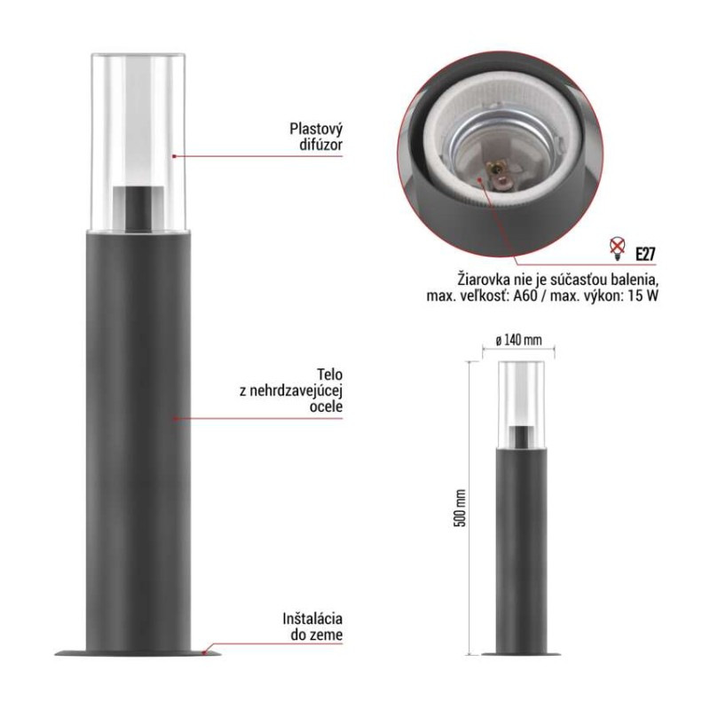 Záhradné stĺpikové svietidlo ZALA, 14 x 14 x 50 cm, 1 x E27, 15 W 4