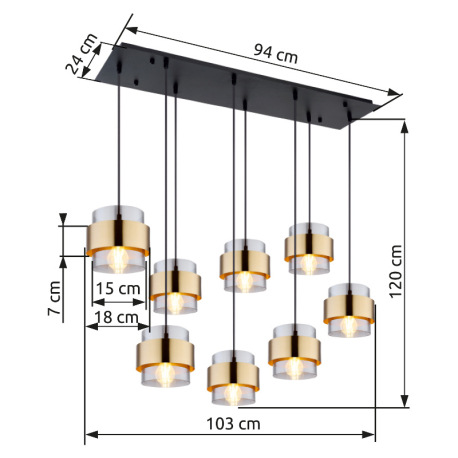 Závesné svietidlo, kov čierny matný, sklo, mosadz, DxŠxV: 1030x315x1200mm, bez žiaroviek 8x E27, max 12