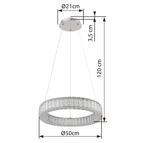 Závesné svietidlo, kov chróm, krištále K5 číre, chrómový krúžok, stmievateľné, viac úrovní pomocou n 9