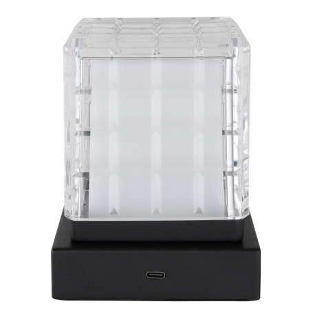 Nabíjateľná stolová lampa, kov čierny, akryl číry, satinovaný povrch, čierny PVC kábel, dotykové zap 9