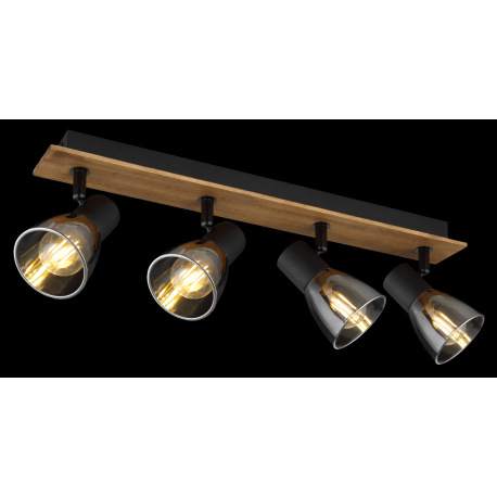 Stropné svietidlo, drevo hnedé, kov čierny, dymové sklo, DxŠxV:500x70x155mm, bez žiaroviek 4x E14, m 14