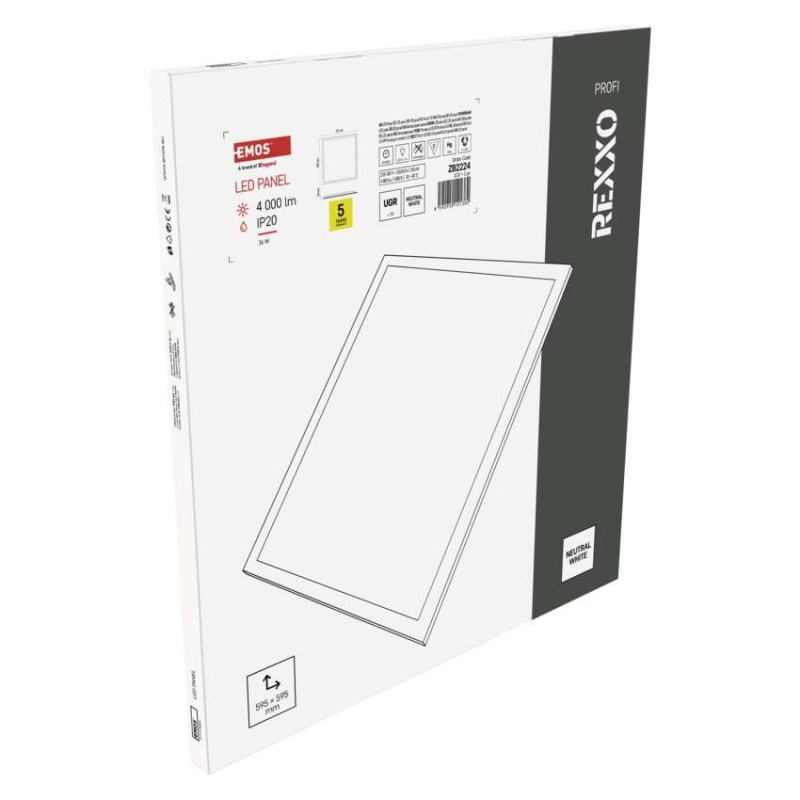 LED panel REXXO backlit 60×60, štvorcový vstavaný biely, 36W neutr.b. UGR 7