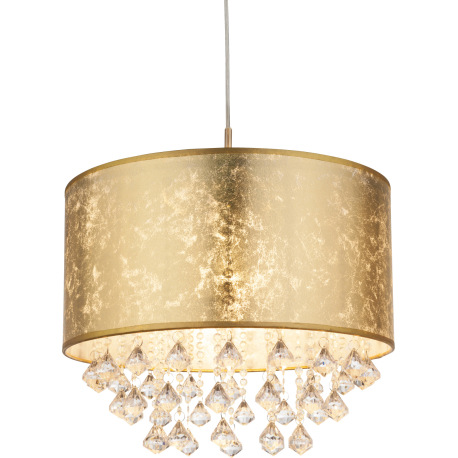 Závesné svietidlo, kov nikel matný, textil zlatý, akrylové krištále, ø 400, V:1400, bez žiarovky 1xE 3