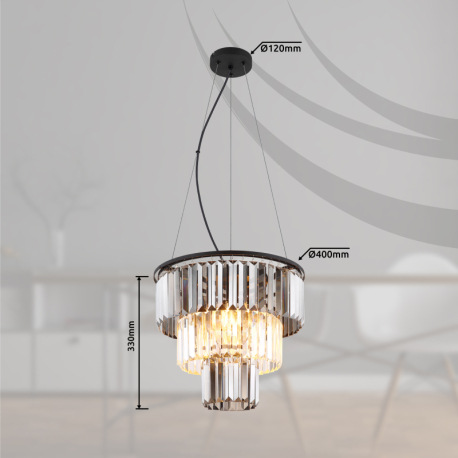 Závesné svietidlo, kov čierny, sklenené krištále dymové, číre, kábel PVC čierny, možnosť skrátenia v 17