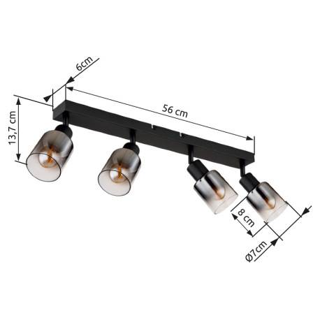 Stropné svietidlo, kov čierny matný, dymové sklo s prechodom do priehľadného skla, DxŠxV: 560x70x140 11