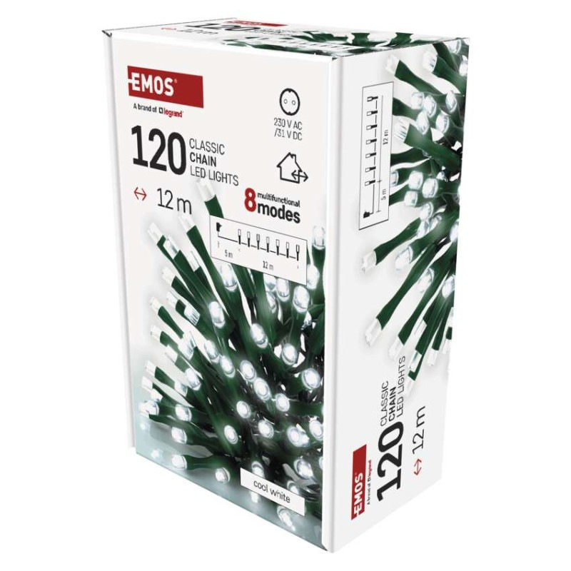 LED vianočná reťaz, 12 m, vonkajšia aj vnútorná, studená biela, programy, časovač 3