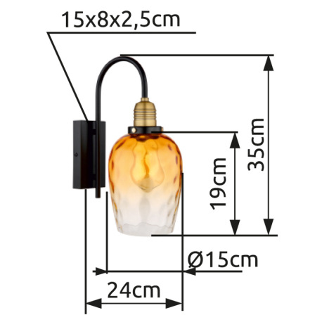 Nástenné svietidlo, kov čierny, sklo jantárové, priehľadné, kov mosadzný matný, smer svetla: nadol, 6