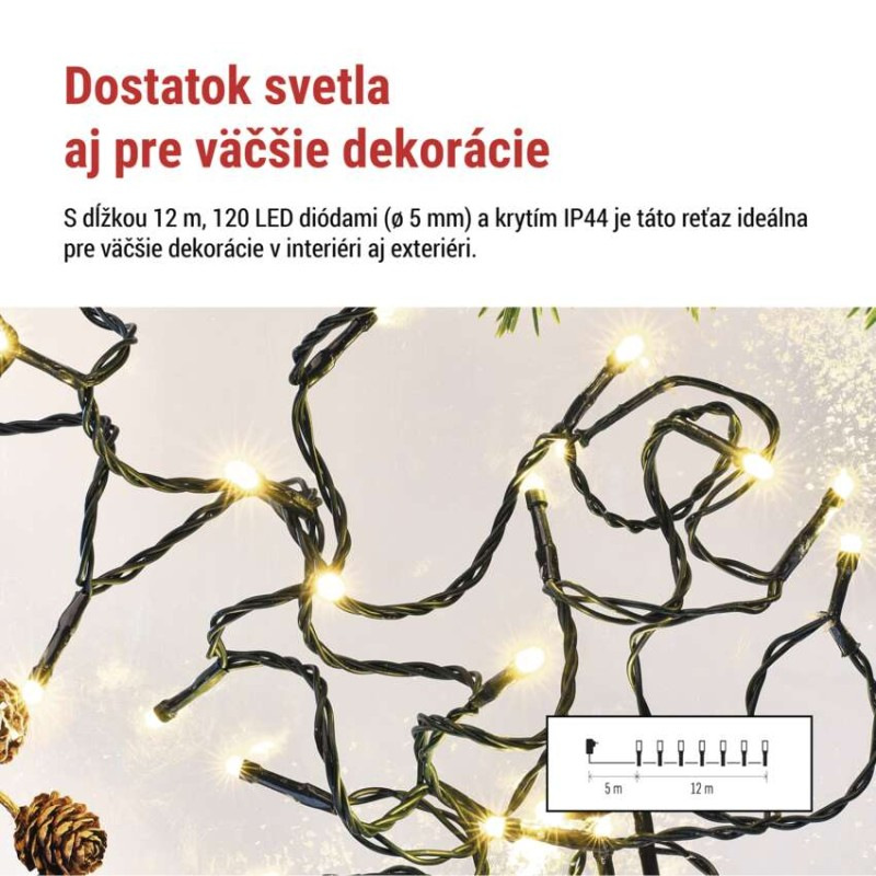 LED vianočná reťaz, 12 m, vonkajšia aj vnútorná, teplá biela, programy, časovač 1