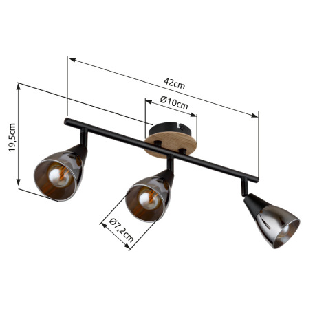 Stropné svietidlo, bodové, kov čierny matný, drevo hnedé, sklo dymové, DxŠxV: 420x100x195mm, bez žia 6