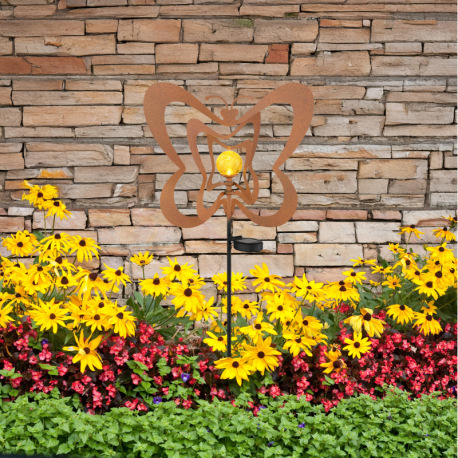 Solárne svietidlo, kov, imitácia hrdze, kov čierny, plast čierny matný, jantárová guľa s efektom pop 10