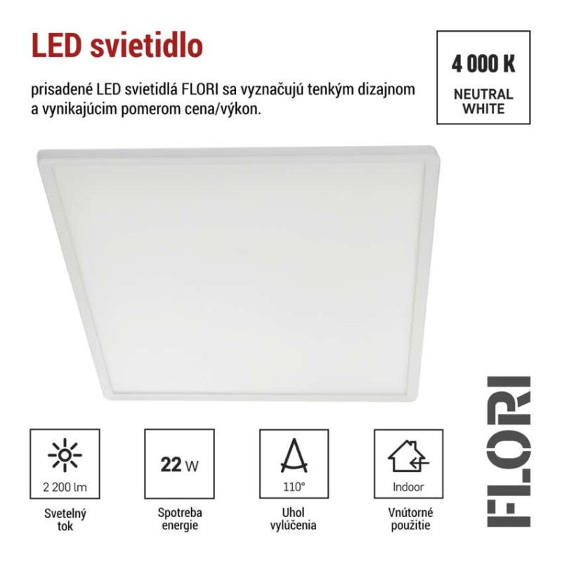 LED prisadené svietidlo FLORI štvorcový, biele, 22W, neutrálna biela 3