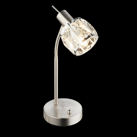 Stolová lampa, kov nikel matný, chróm, sklenený kryštál priehľadný, Flexo, vypínač, DxxV:220x34, bez 6