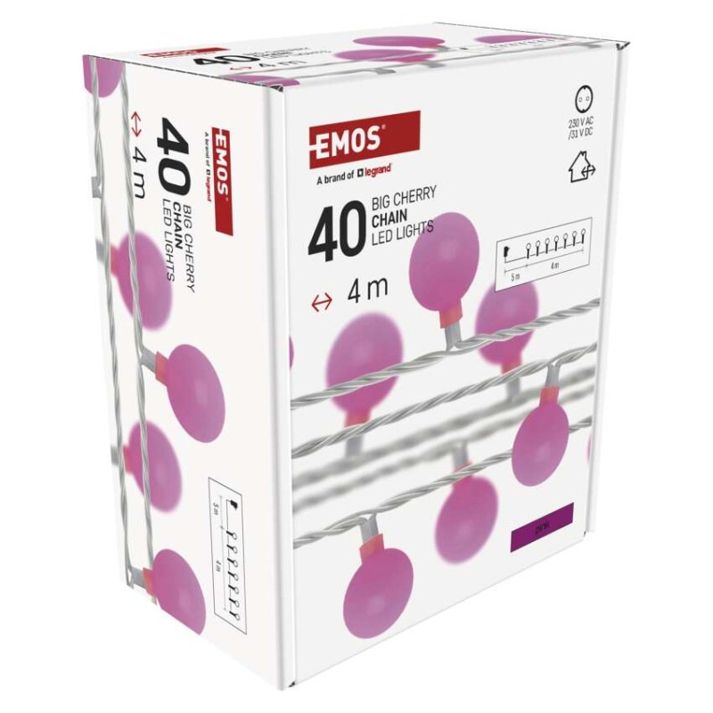 LED svetelná cherry reťaz – guličky 2,5 cm, 4 m, vonkajšia aj vnútorná, ružová, časovač 10