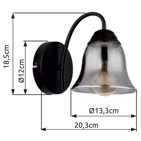 Nástenné svietidlo, kov čierny matný, sklo dymové, ŠxV: 135x185mm, H: 203mm, bez žiarovky 1x E27, ma 16