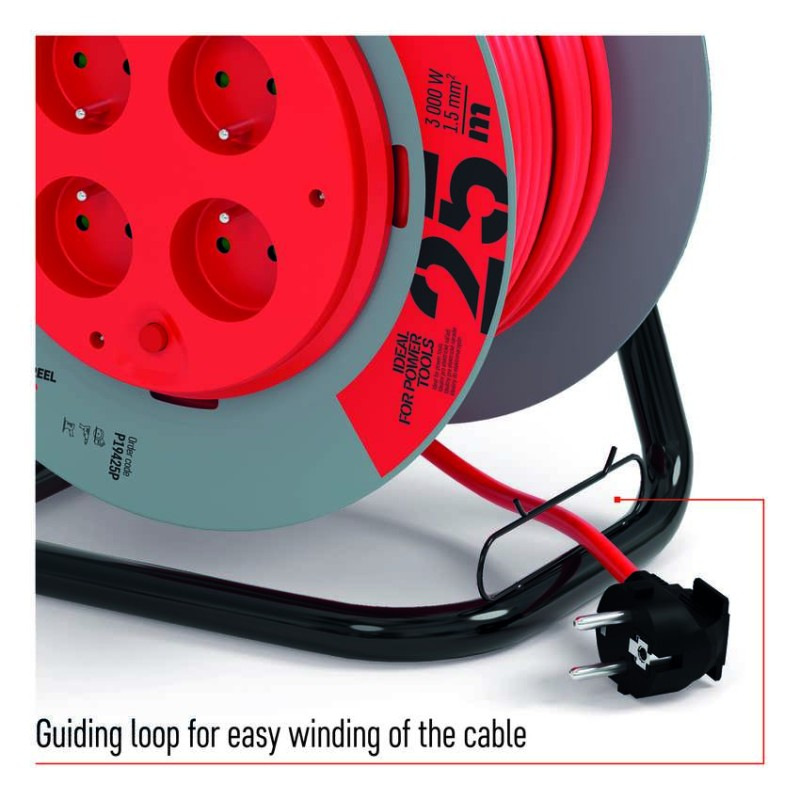 Predlžovací kábel na bubne 25 m / 4 zásuvky / červený / PVC / 230 V / 1,5 mm2 4