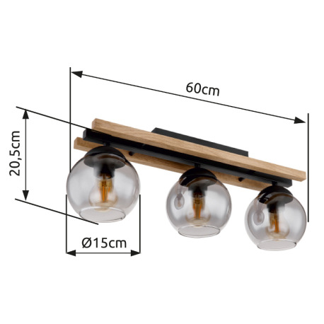 Stropné svietidlo, čierny matný kov, tmavohnedé drevo, sklo dymovej farby, DxŠxV: 600x150x205mm, bez 10