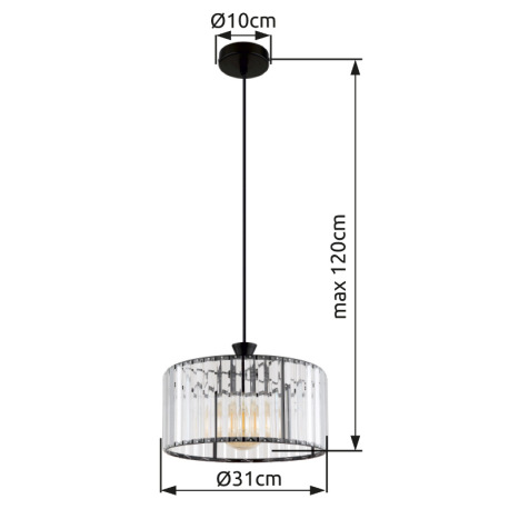 Závesné svietidlo, kov čierny, akrylové krištále číre, kábel PVC čierny, ø: 310mm, V: 1200mm, bez ži 8