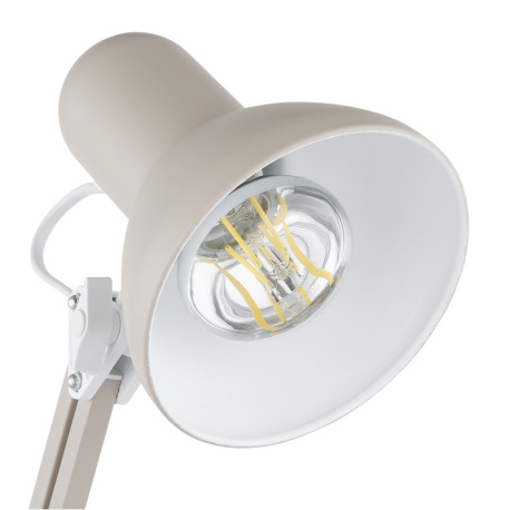 Stolová lampa, kov pieskovej farby, biely PVC kábel, kolískový vypínač na kábli, nastaviteľná, DxŠxV 12