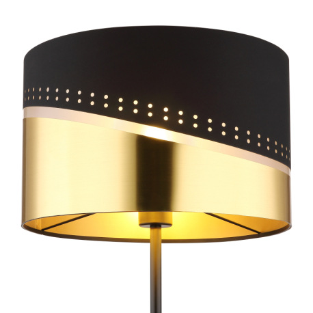 Stojanové svietidlo, kov čierny, textil čierny, plast zlatej farby, kábel PVC čierny, vyínač na kábl 18