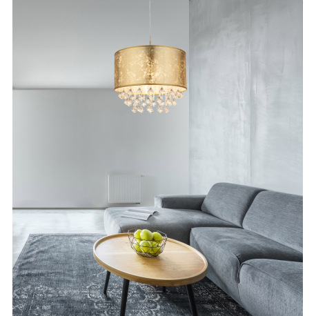 Závesné svietidlo, kov nikel matný, textil zlatý, akrylové krištále, ø 400, V:1400, bez žiarovky 1xE 7