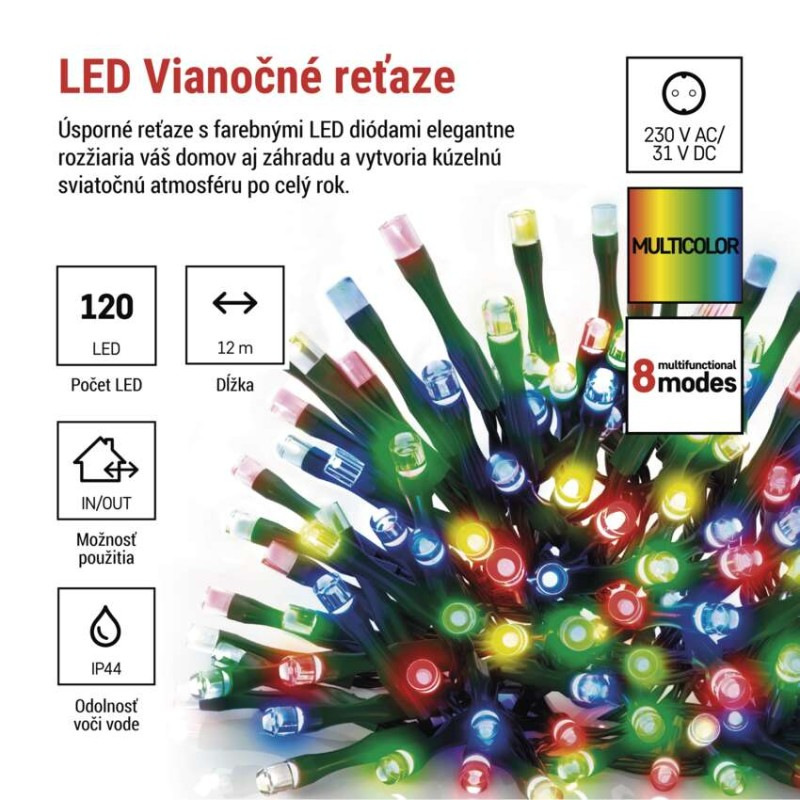 LED vianočná reťaz, 12 m, vonkajšia aj vnútorná, multicolor, programy, časovač