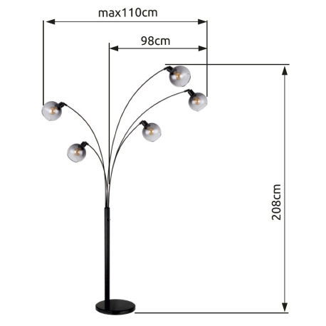 Stojacia lampa kov čierny matný, mramor čierny, sklo dymové, kábel PVC čierny, vypínač, DxŠxV: 980x1 20
