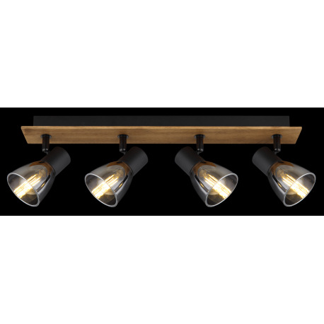 Stropné svietidlo, drevo hnedé, kov čierny, dymové sklo, DxŠxV:500x70x155mm, bez žiaroviek 4x E14, m 17
