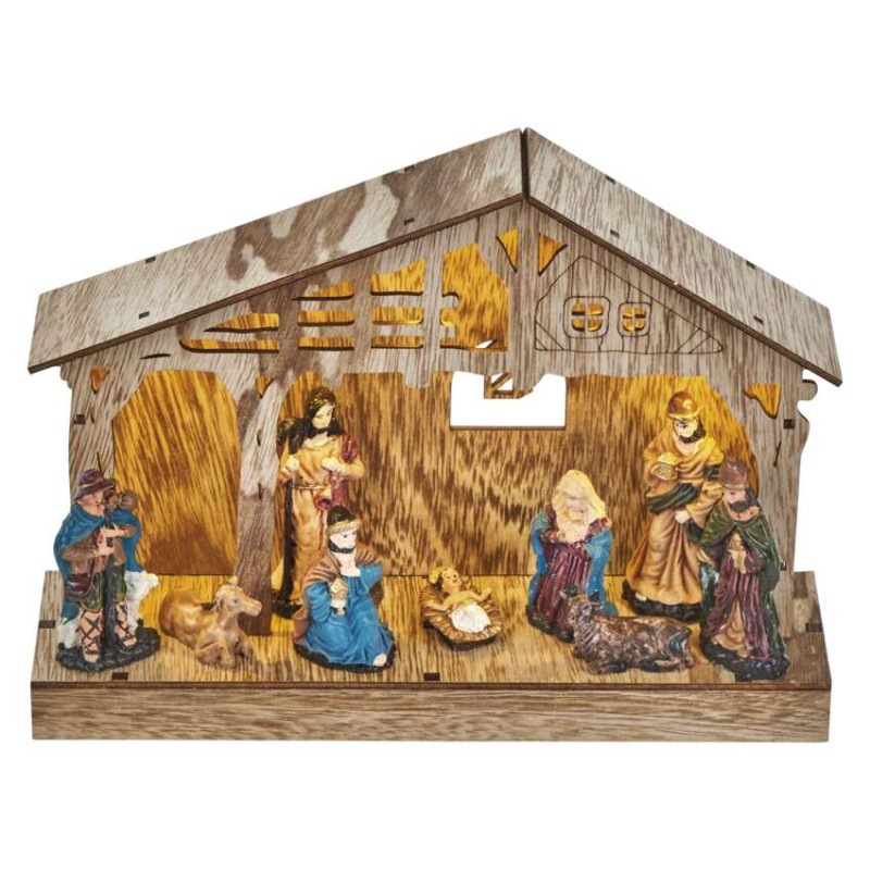 LED vianočný betlehem drevený, 19 cm, 3x AA, vnútorný, teplá biela, časovač