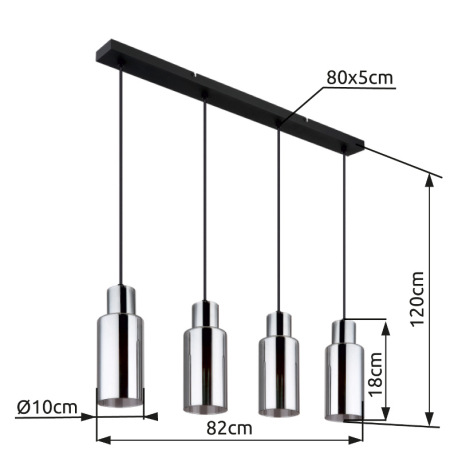Závesné svietidlo, kov čierny, sklo dymovej farby, kábel PVC čierny, možnosť skrátenia výšky, DxŠxV: 8