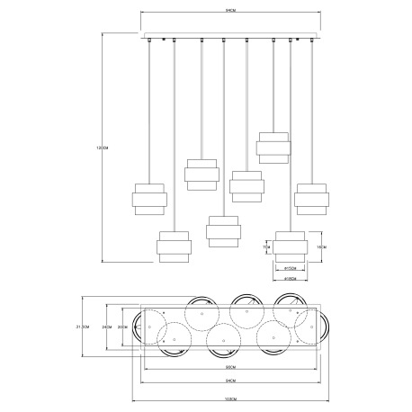 Závesné svietidlo, kov čierny matný, sklo, mosadz, DxŠxV: 1030x315x1200mm, bez žiaroviek 8x E27, max 11